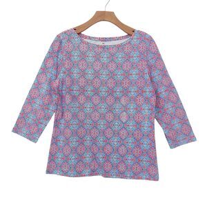 Talbots Top Womens Medium Blue Red Medallion Print 3/4 Sleeves Floral Bohemian